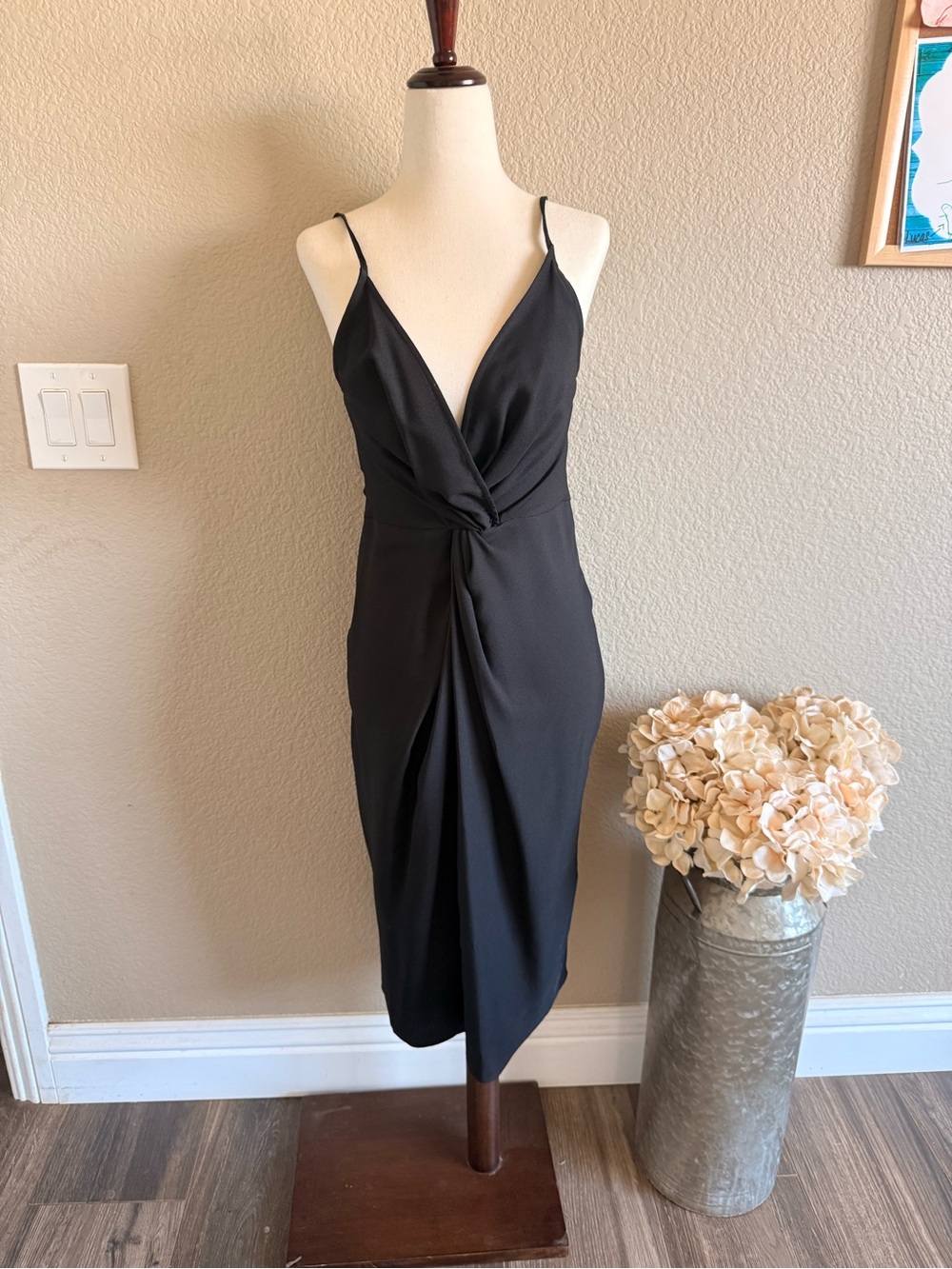 Elegant Black Twist-Front Midi Dress